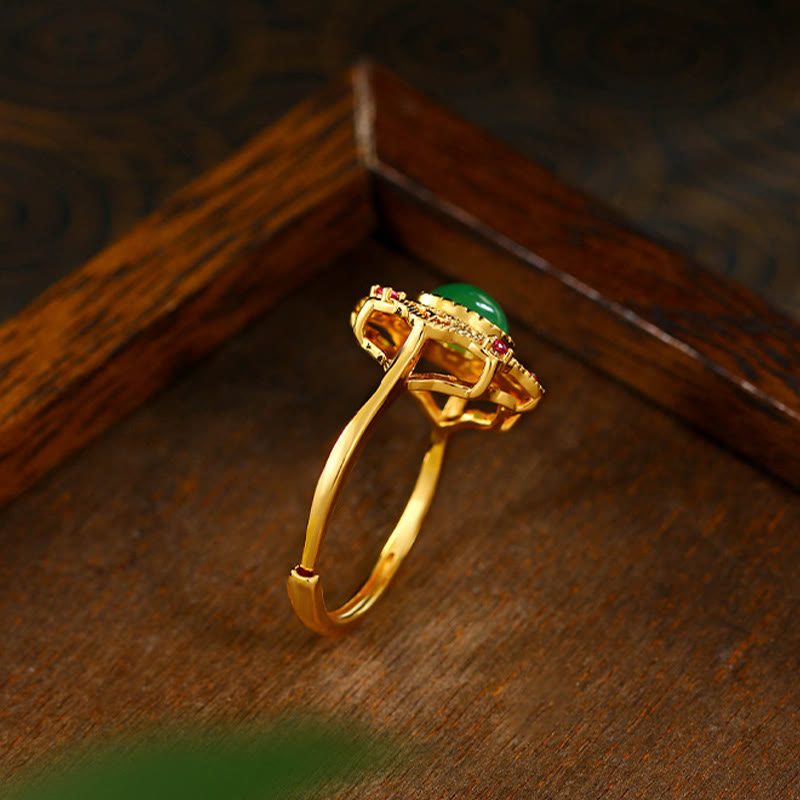 Wear FengShui Green Chalcedony Hollow Pattern Strength Adjustable Ring