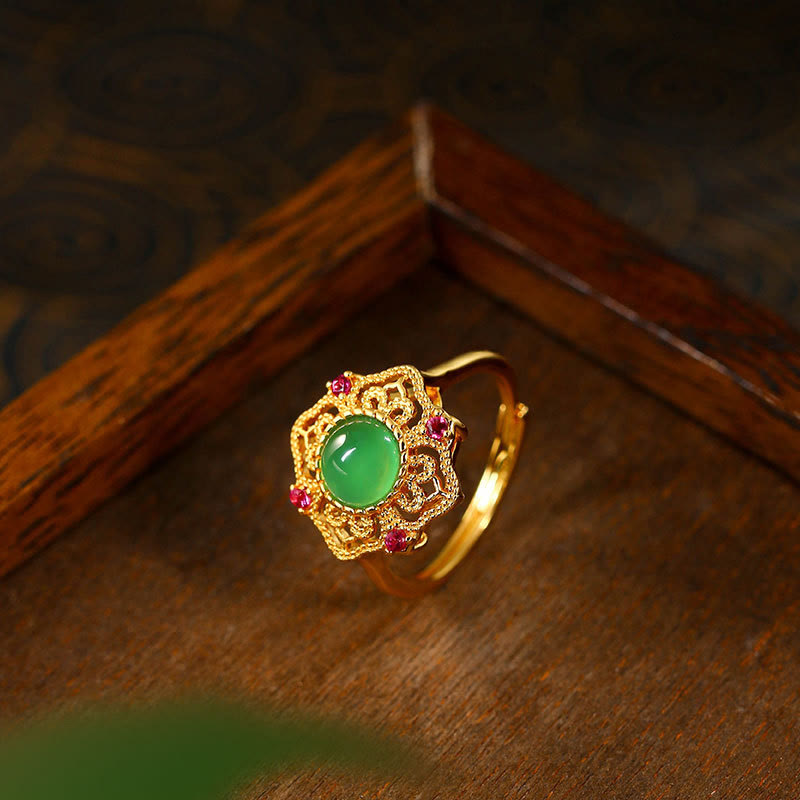 Wear FengShui Green Chalcedony Hollow Pattern Strength Adjustable Ring