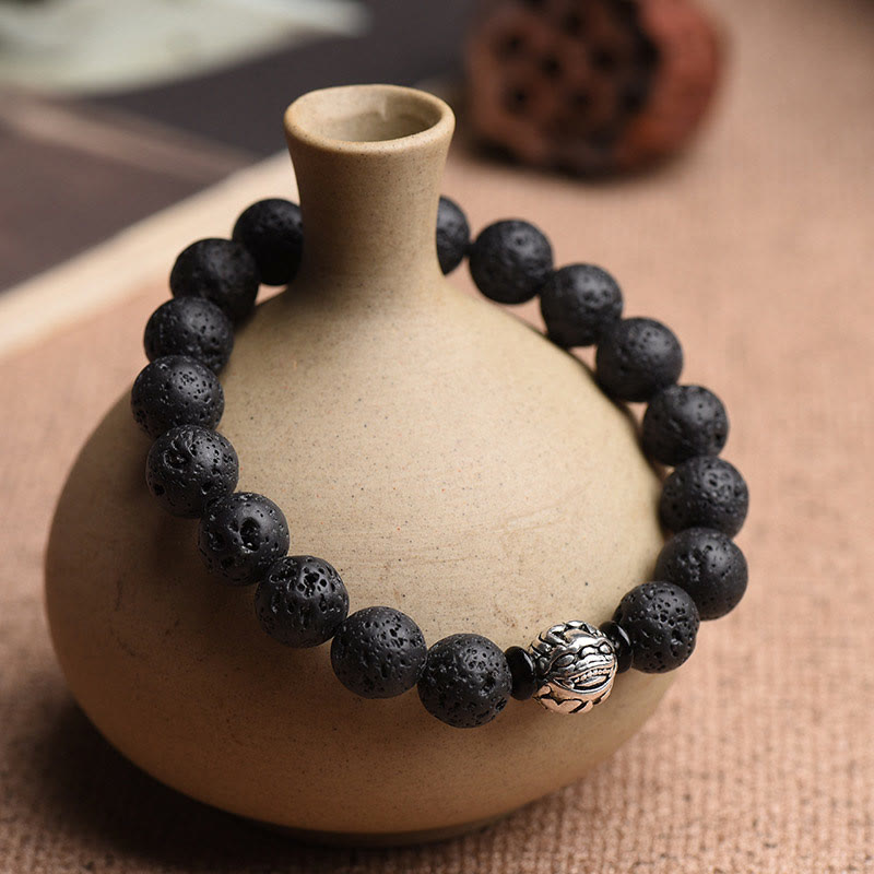 Wear FengShui Lava Rock Beads White Copper PiXiu Wealth Bracelet
