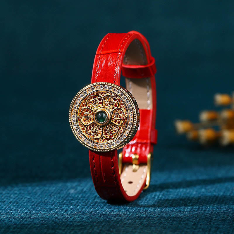 Wear FengShui Six True Words Eight Treasures Compass Jade 24K Gold Plated Luck Leather Bracelet