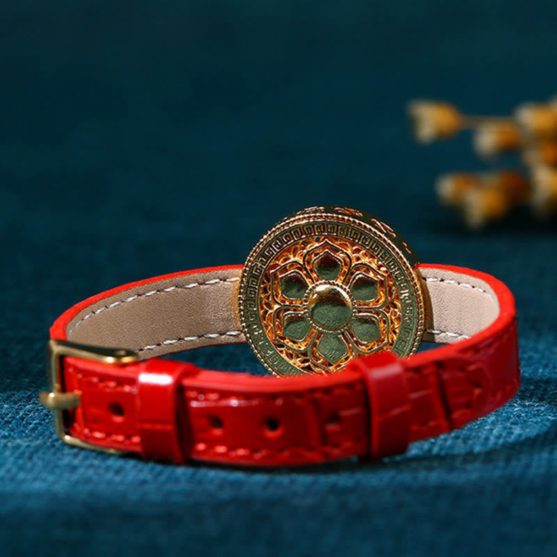 Wear FengShui Six True Words Eight Treasures Compass Jade 24K Gold Plated Luck Leather Bracelet