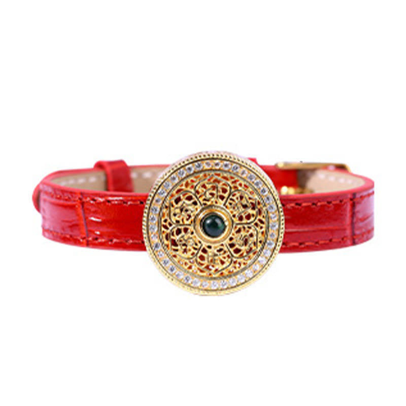 Wear FengShui Six True Words Eight Treasures Compass Jade 24K Gold Plated Luck Leather Bracelet
