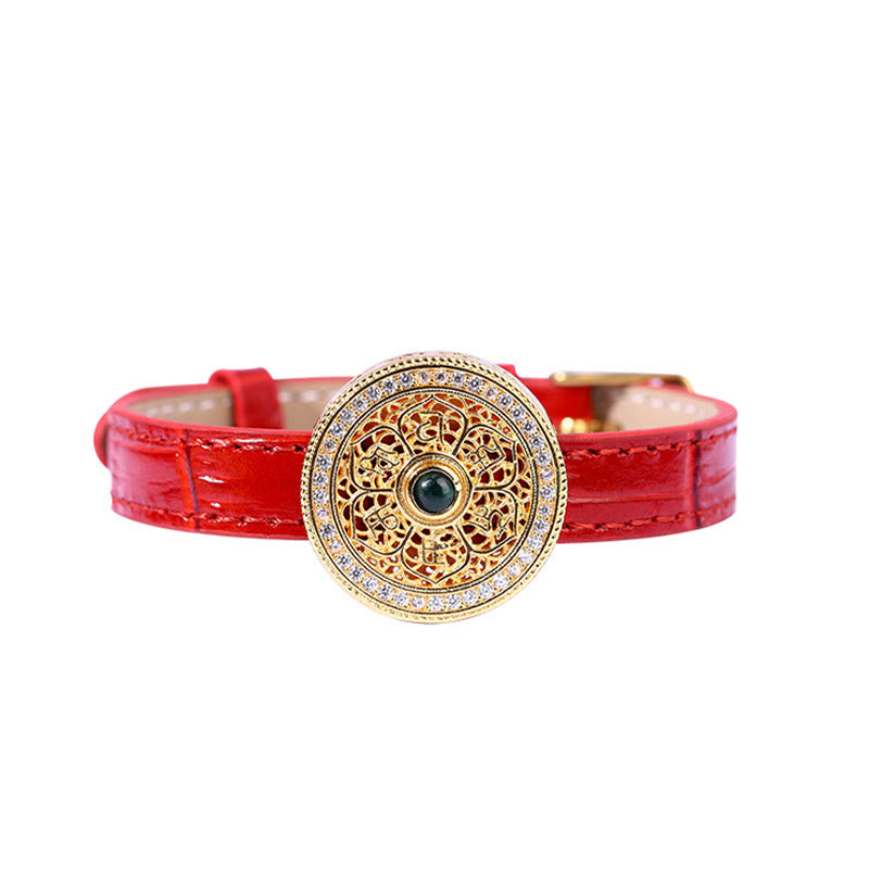 Wear FengShui Six True Words Eight Treasures Compass Jade 24K Gold Plated Luck Leather Bracelet