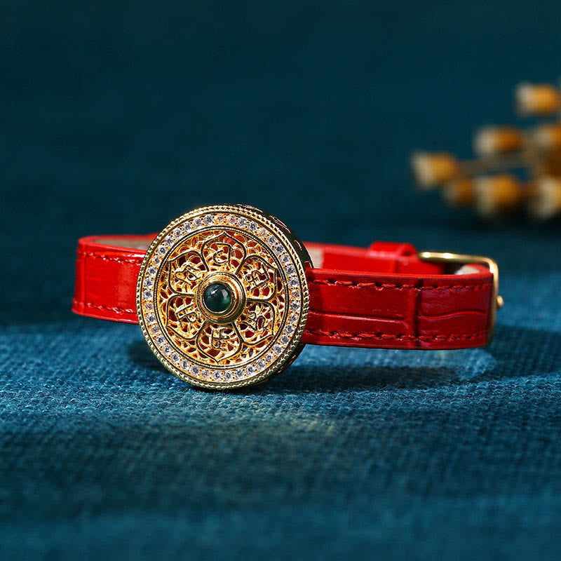 Wear FengShui Six True Words Eight Treasures Compass Jade 24K Gold Plated Luck Leather Bracelet