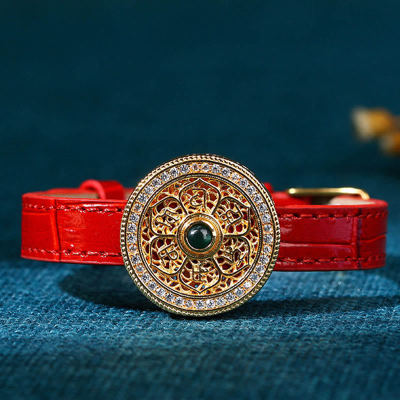 Wear FengShui Six True Words Eight Treasures Compass Jade 24K Gold Plated Luck Leather Bracelet