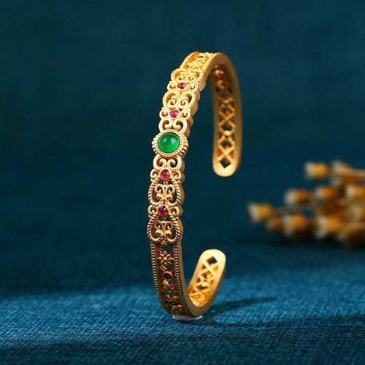 Wear FengShui Green Chalcedony 24k Gold Plated Copper Strength Cuff Bracelet Bangle