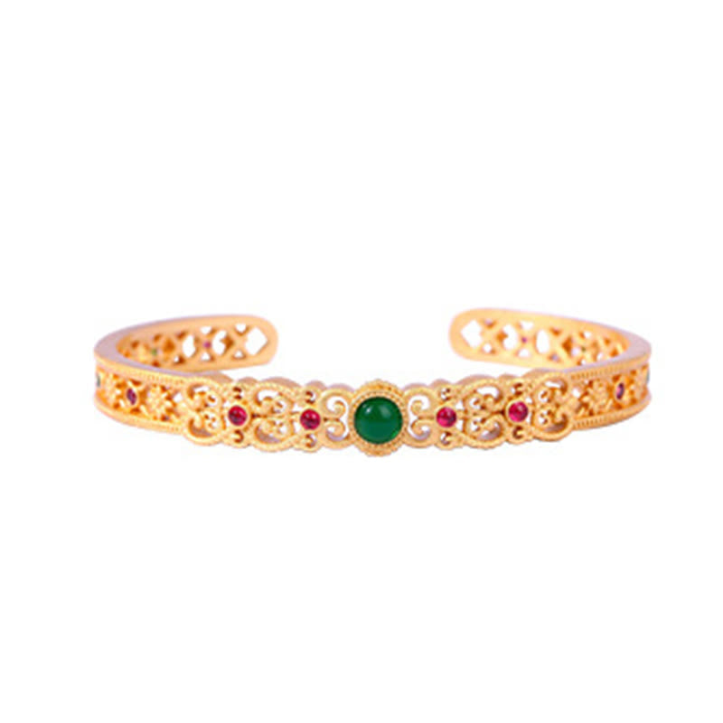 Wear FengShui Green Chalcedony 24k Gold Plated Copper Strength Cuff Bracelet Bangle