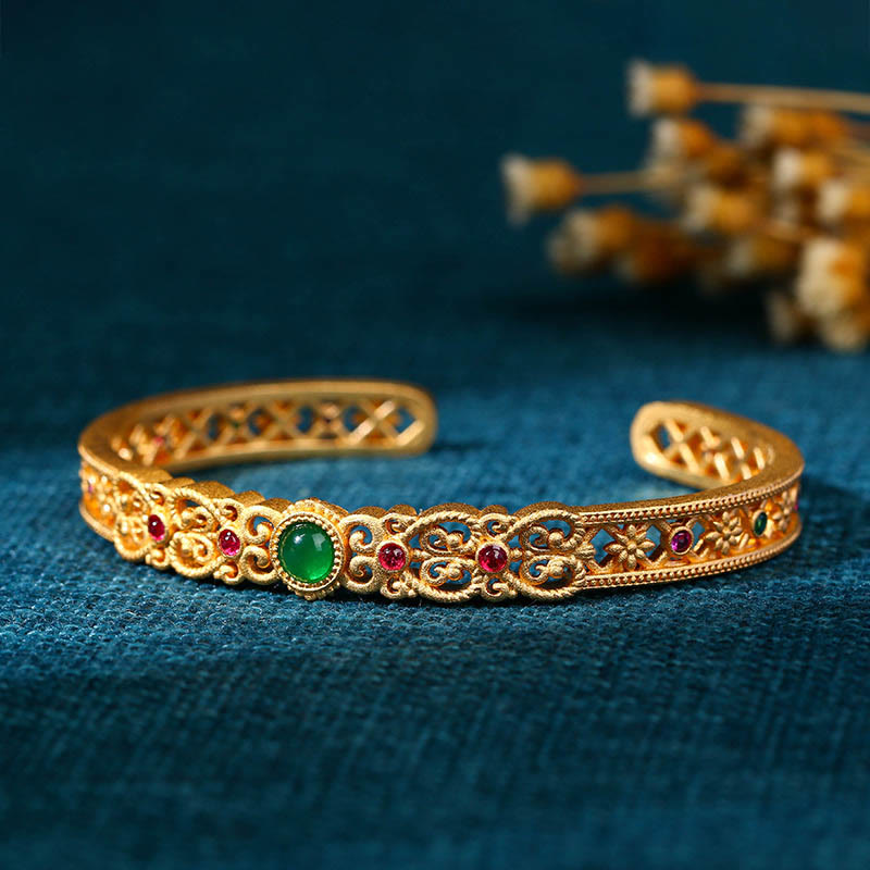 Wear FengShui Green Chalcedony 24k Gold Plated Copper Strength Cuff Bracelet Bangle