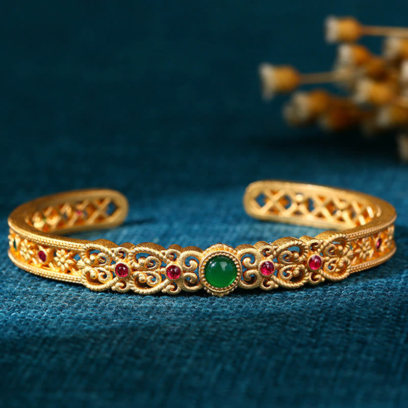 Wear FengShui Green Chalcedony 24k Gold Plated Copper Strength Cuff Bracelet Bangle