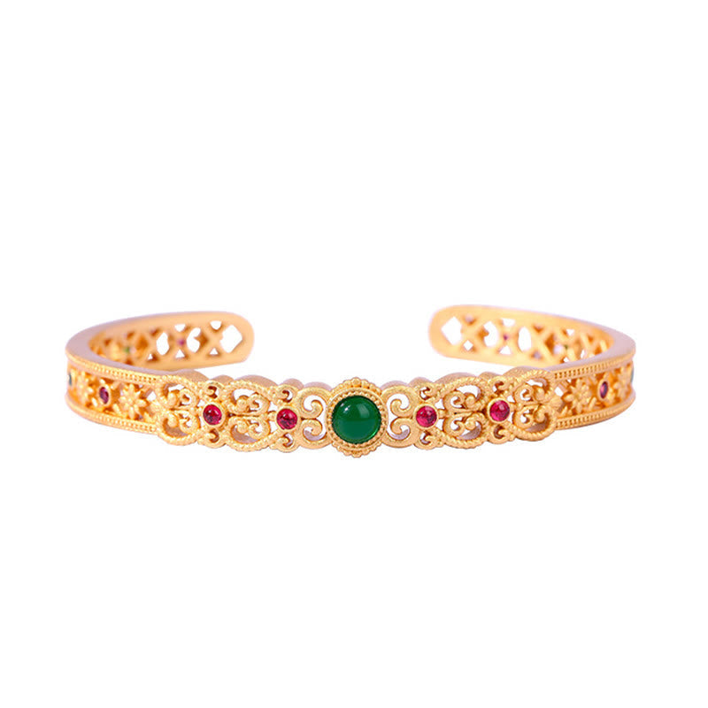 Wear FengShui Green Chalcedony 24k Gold Plated Copper Strength Cuff Bracelet Bangle