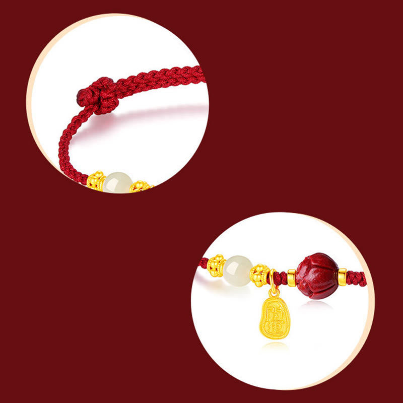 Wear FengShui Fu Character Jade Cinnabar 24K Gold Plated Luck Red String Bracelet