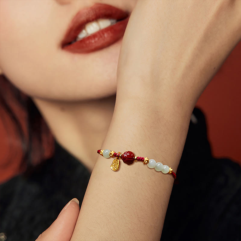 Wear FengShui Fu Character Jade Cinnabar 24K Gold Plated Luck Red String Bracelet