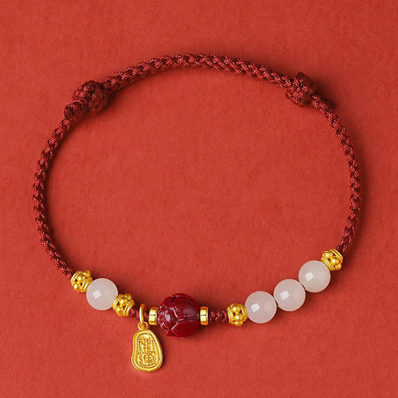 Wear FengShui Fu Character Jade Cinnabar 24K Gold Plated Luck Red String Bracelet