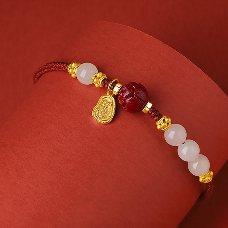 Wear FengShui Fu Character Jade Cinnabar 24K Gold Plated Luck Red String Bracelet