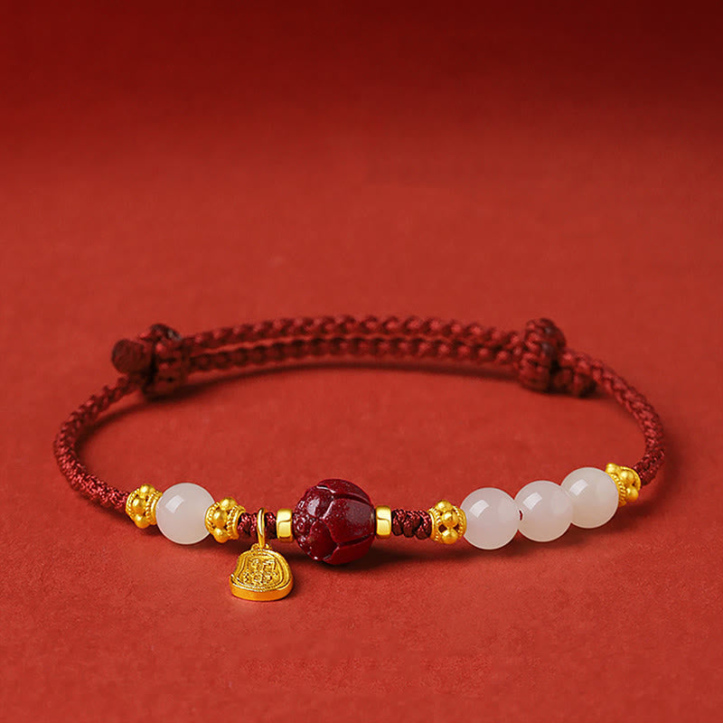 Wear FengShui Fu Character Jade Cinnabar 24K Gold Plated Luck Red String Bracelet