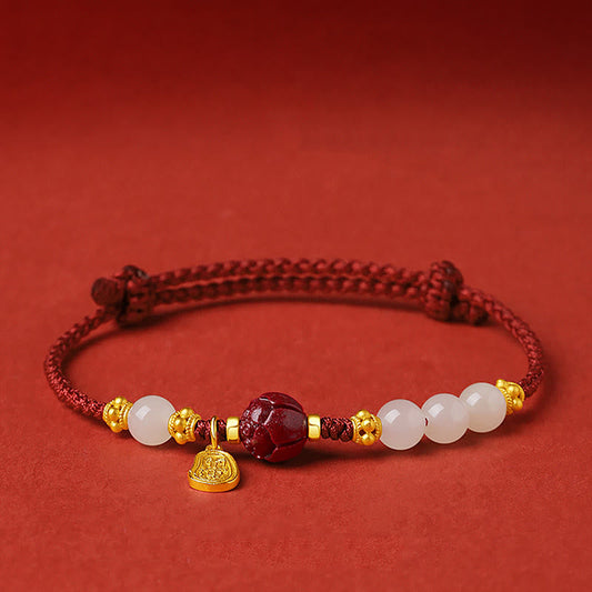 Wear FengShui Fu Character Jade Cinnabar 24K Gold Plated Luck Red String Bracelet