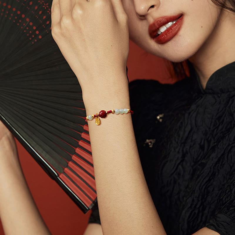 Wear FengShui Fu Character Jade Cinnabar 24K Gold Plated Luck Red String Bracelet