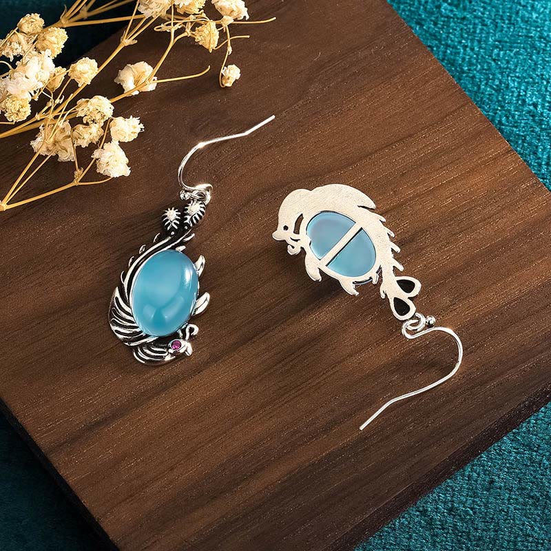 Wear FengShui 925 Sterling Silver Posts Blue Chalcedony Koi Fish Balance Vitality Earrings