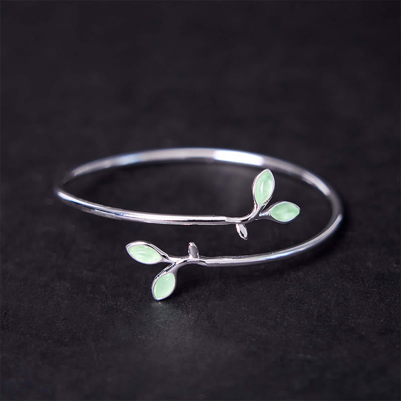 Wear FengShui Leaf Pattern Cat Eye Support Cuff Bracelet Bangle