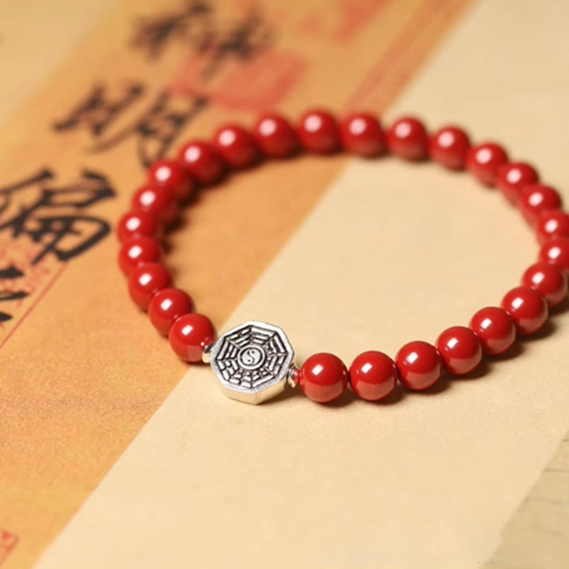 Wear FengShui 925 Sterling Silver Yin Yang Bagua Symbol Cinnabar String Concentration Bracelet
