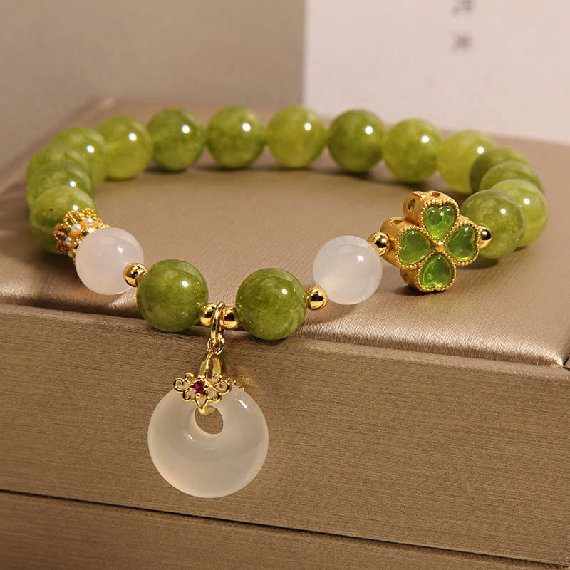 Wear FengShui Green Tourmaline Chalcedony Four Leaf Clover Peace Buckle Charm Wisdom Bracelet