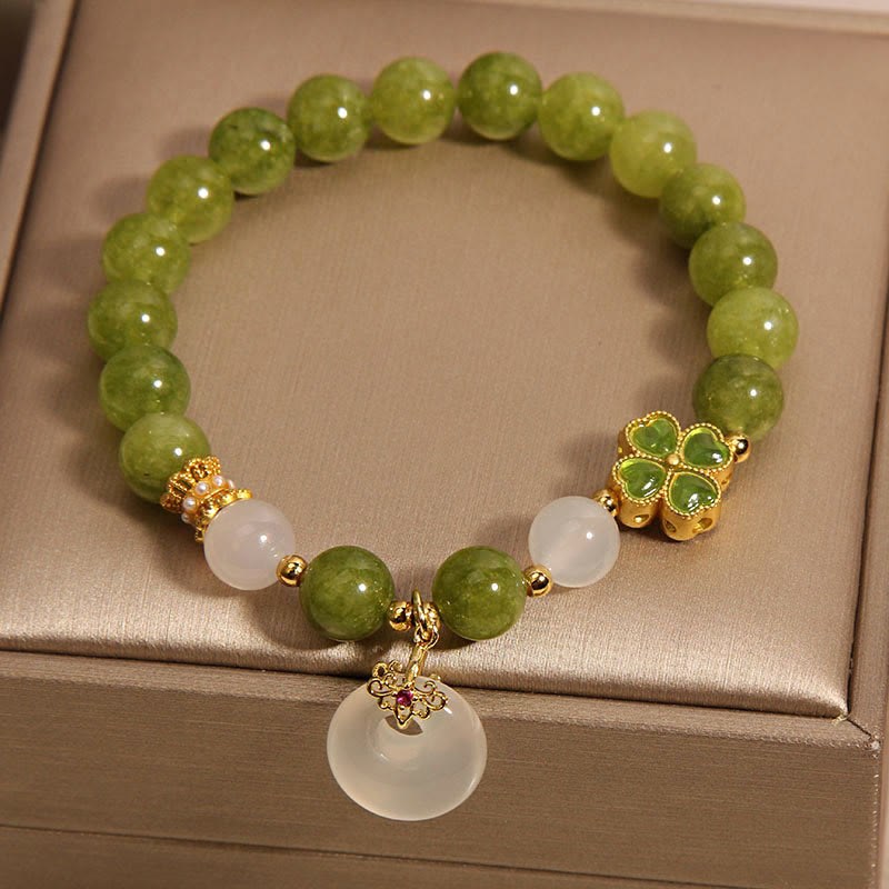 Wear FengShui Green Tourmaline Chalcedony Four Leaf Clover Peace Buckle Charm Wisdom Bracelet