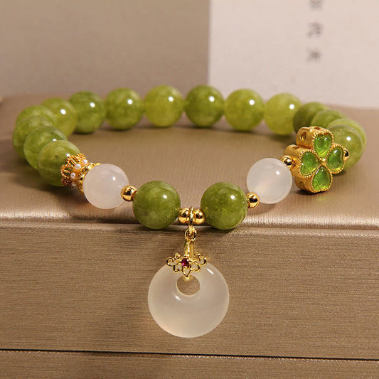 Wear FengShui Green Tourmaline Chalcedony Four Leaf Clover Peace Buckle Charm Wisdom Bracelet