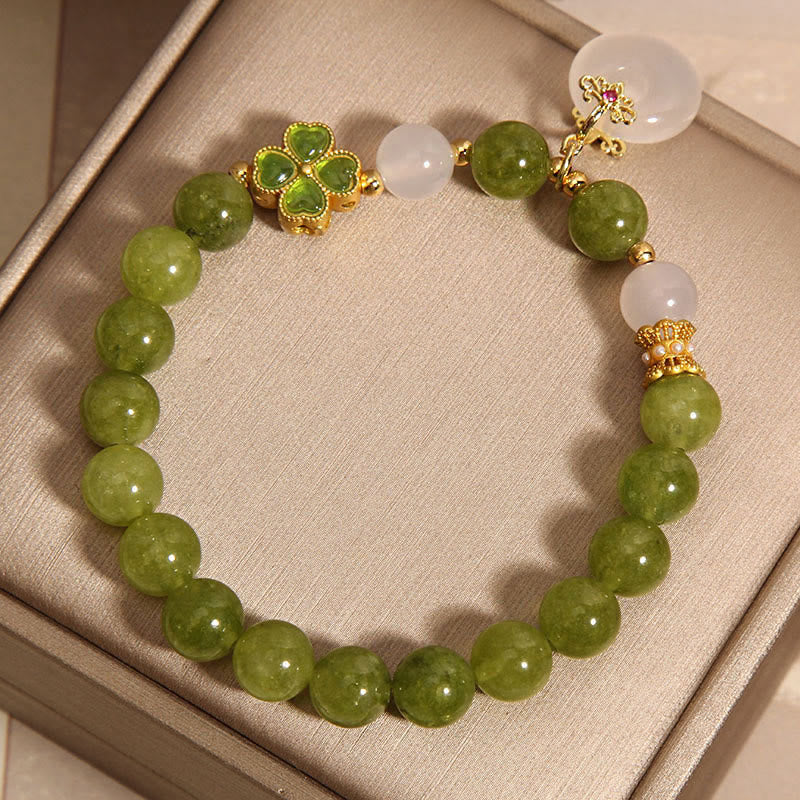 Wear FengShui Green Tourmaline Chalcedony Four Leaf Clover Peace Buckle Charm Wisdom Bracelet