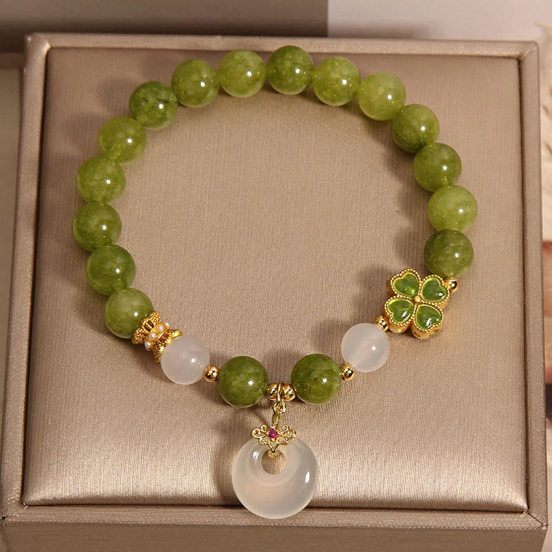 Wear FengShui Green Tourmaline Chalcedony Four Leaf Clover Peace Buckle Charm Wisdom Bracelet