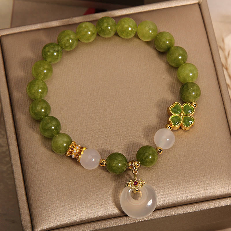 Wear FengShui Green Tourmaline Chalcedony Four Leaf Clover Peace Buckle Charm Wisdom Bracelet