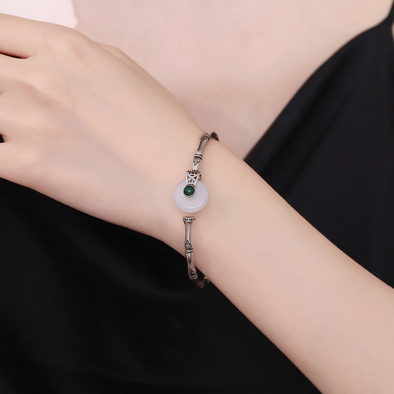 Wear FengShui White Jade Peace Buckle Bamboo Design Luck Copper Cuff Bracelet Bangle