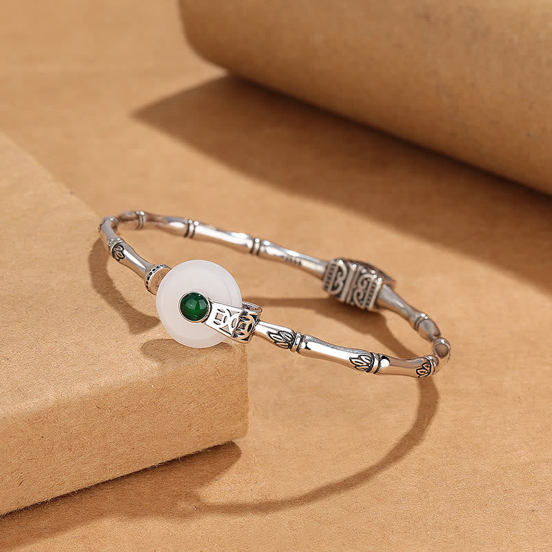 Wear FengShui White Jade Peace Buckle Bamboo Design Luck Copper Cuff Bracelet Bangle