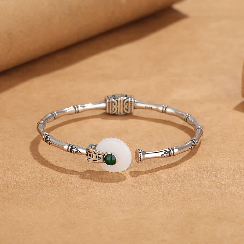 Wear FengShui White Jade Peace Buckle Bamboo Design Luck Copper Cuff Bracelet Bangle