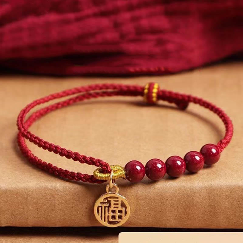 Wear FengShui Cinnabar Fu Character Beads Blessing Red String Handmade Braided Bracelet