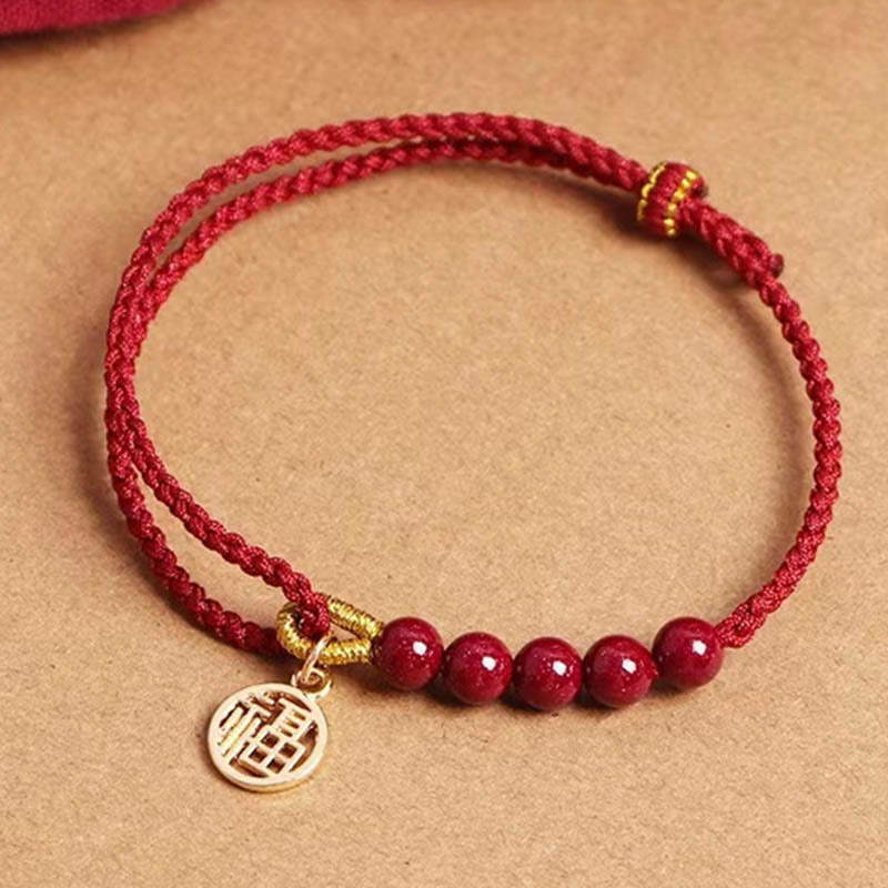 Wear FengShui Cinnabar Fu Character Beads Blessing Red String Handmade Braided Bracelet