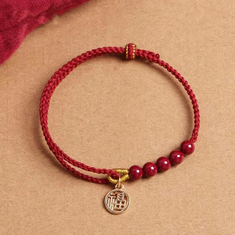Wear FengShui Cinnabar Fu Character Beads Blessing Red String Handmade Braided Bracelet