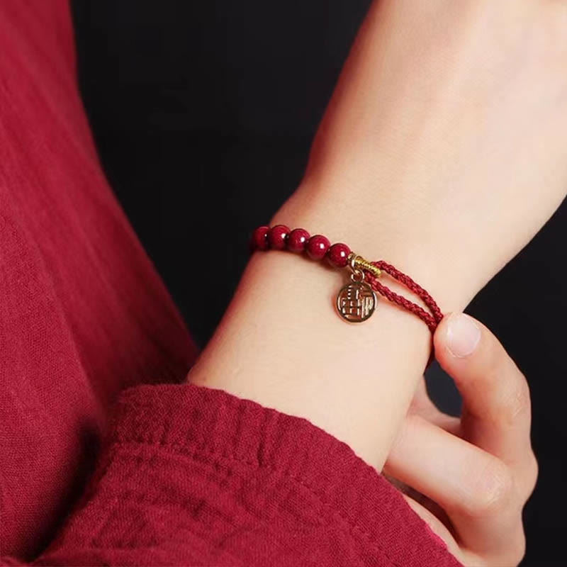 Wear FengShui Cinnabar Fu Character Beads Blessing Red String Handmade Braided Bracelet