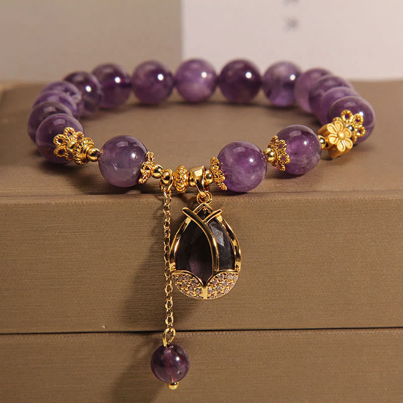 Wear FengShui Amethyst Lily Charm Balance Healing Bracelet