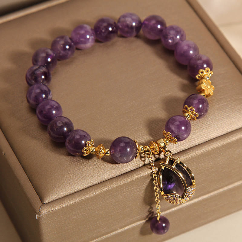 Wear FengShui Amethyst Lily Charm Balance Healing Bracelet