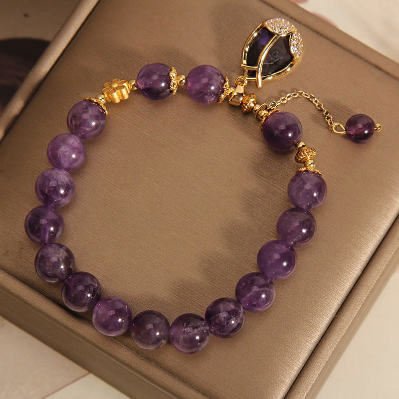 Wear FengShui Amethyst Lily Charm Balance Healing Bracelet