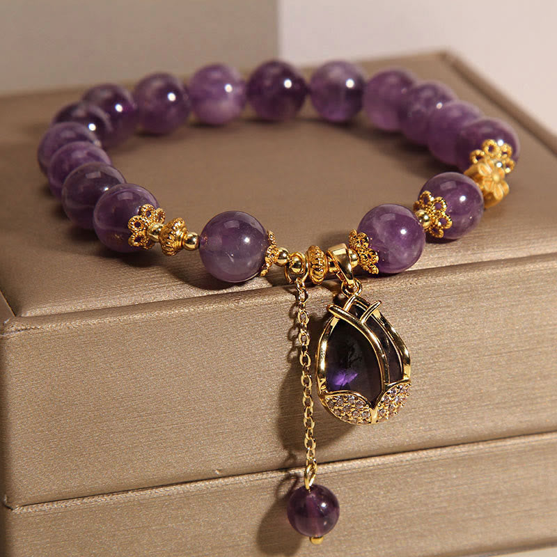 Wear FengShui Amethyst Lily Charm Balance Healing Bracelet