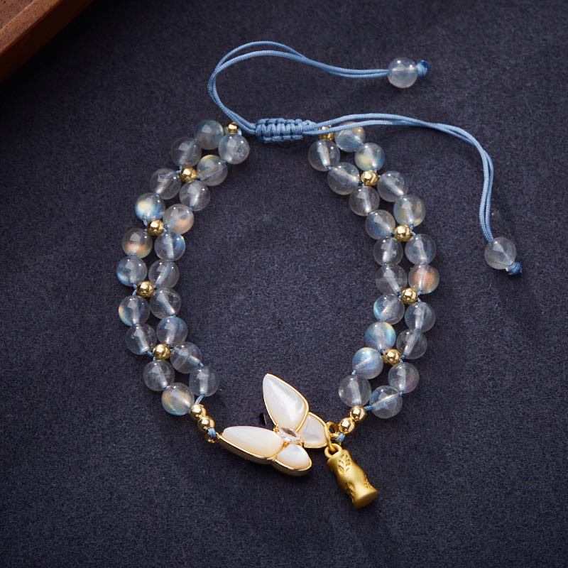 Wear FengShui Natural Moonstone Butterfly Bamboo Healing String Bracelet