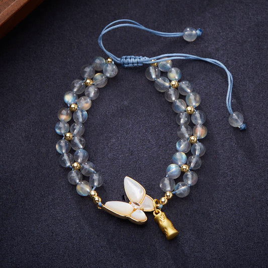 Wear FengShui Natural Moonstone Butterfly Bamboo Healing String Bracelet