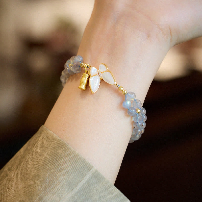 Wear FengShui Natural Moonstone Butterfly Bamboo Healing String Bracelet