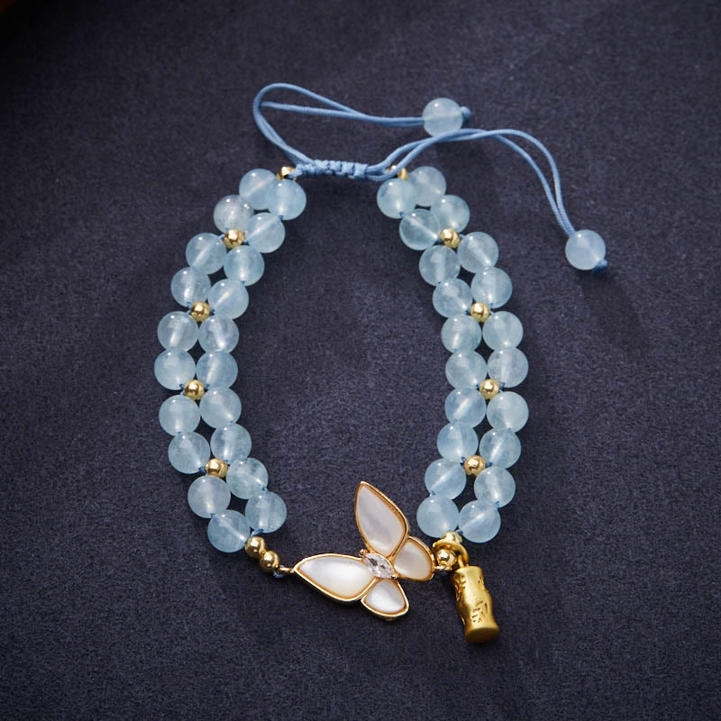 Wear FengShui Natural Aquamarine Amethyst Moonstone Butterfly Bamboo Healing Bracelet