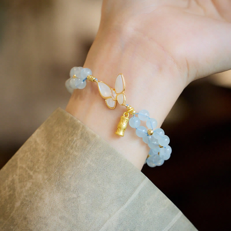 Wear FengShui Natural Aquamarine Amethyst Moonstone Butterfly Bamboo Healing Bracelet