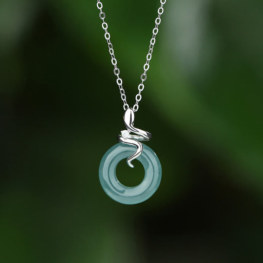Wear FengShui 925 Sterling Silver 18K Gold Jade Peace Buckle Spirit Snake Peace Necklace Pendant