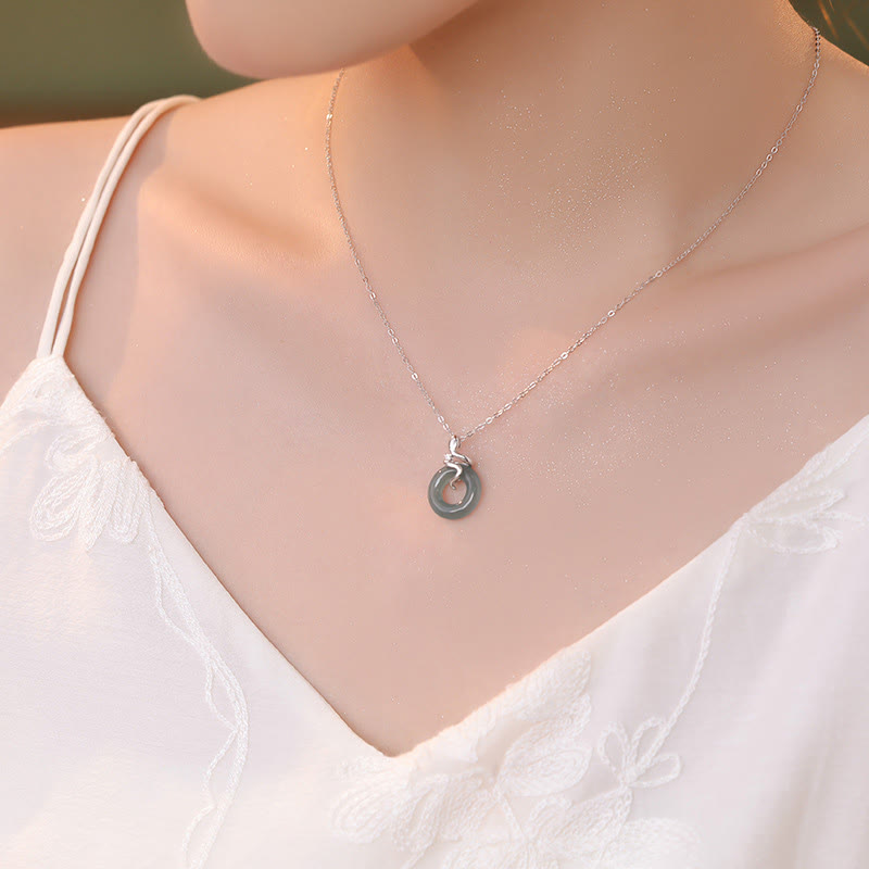 Wear FengShui 925 Sterling Silver 18K Gold Jade Peace Buckle Spirit Snake Peace Necklace Pendant