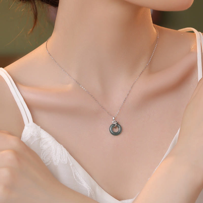 Wear FengShui 925 Sterling Silver 18K Gold Jade Peace Buckle Spirit Snake Peace Necklace Pendant
