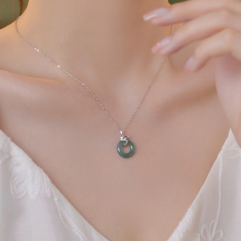 Wear FengShui 925 Sterling Silver 18K Gold Jade Peace Buckle Spirit Snake Peace Necklace Pendant